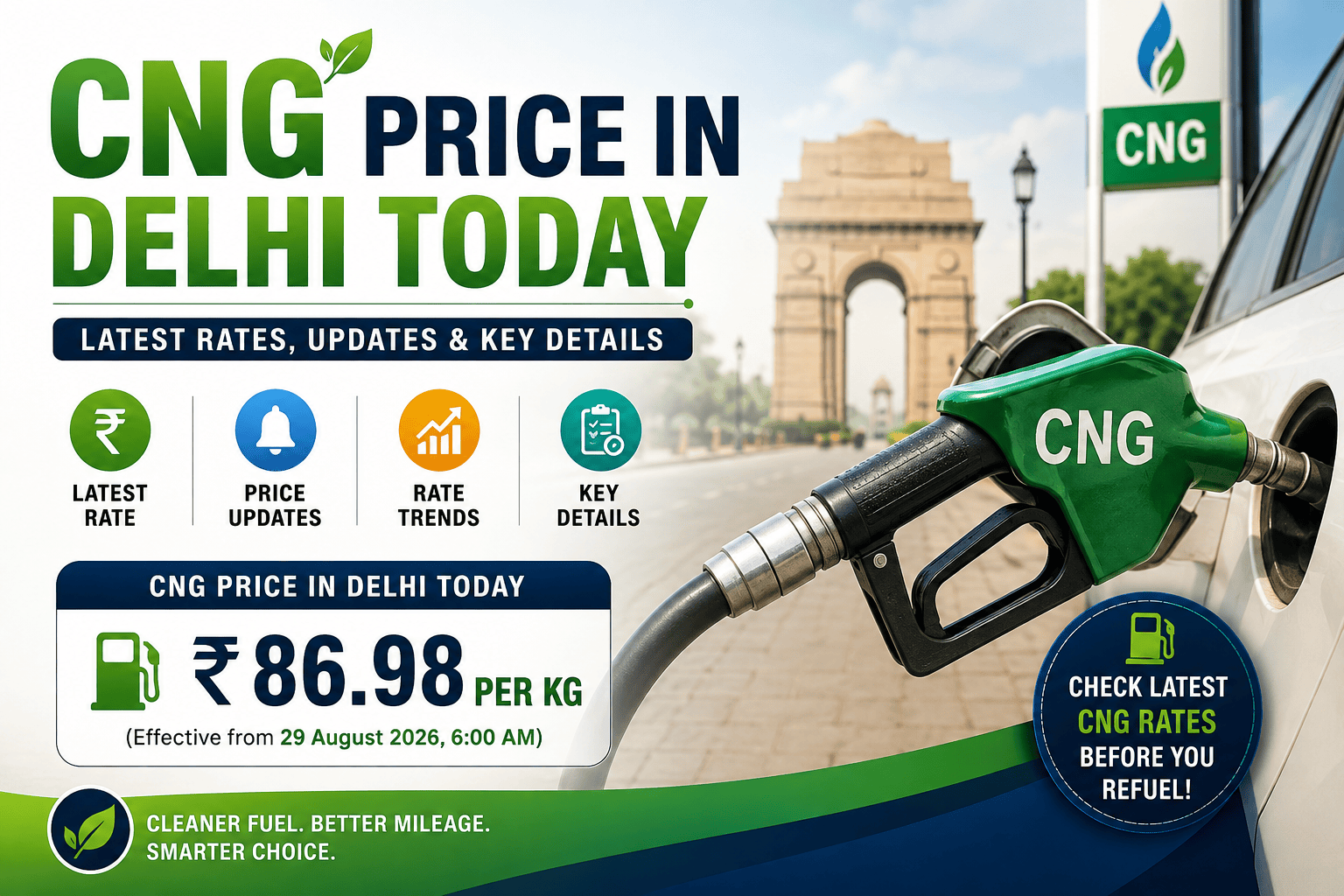 CNG Price in Delhi Today showing the latest CNG rate per kg, price updates, and key fuel details for Delhi drivers.