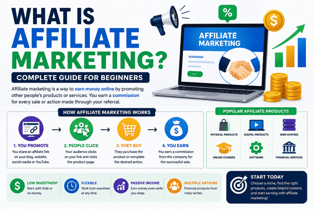 “What Is Affiliate Marketing? Complete guide for beginners showing how affiliate marketing works, including promoting products, earning commissions, affiliate links, popular products, and key benefits.”