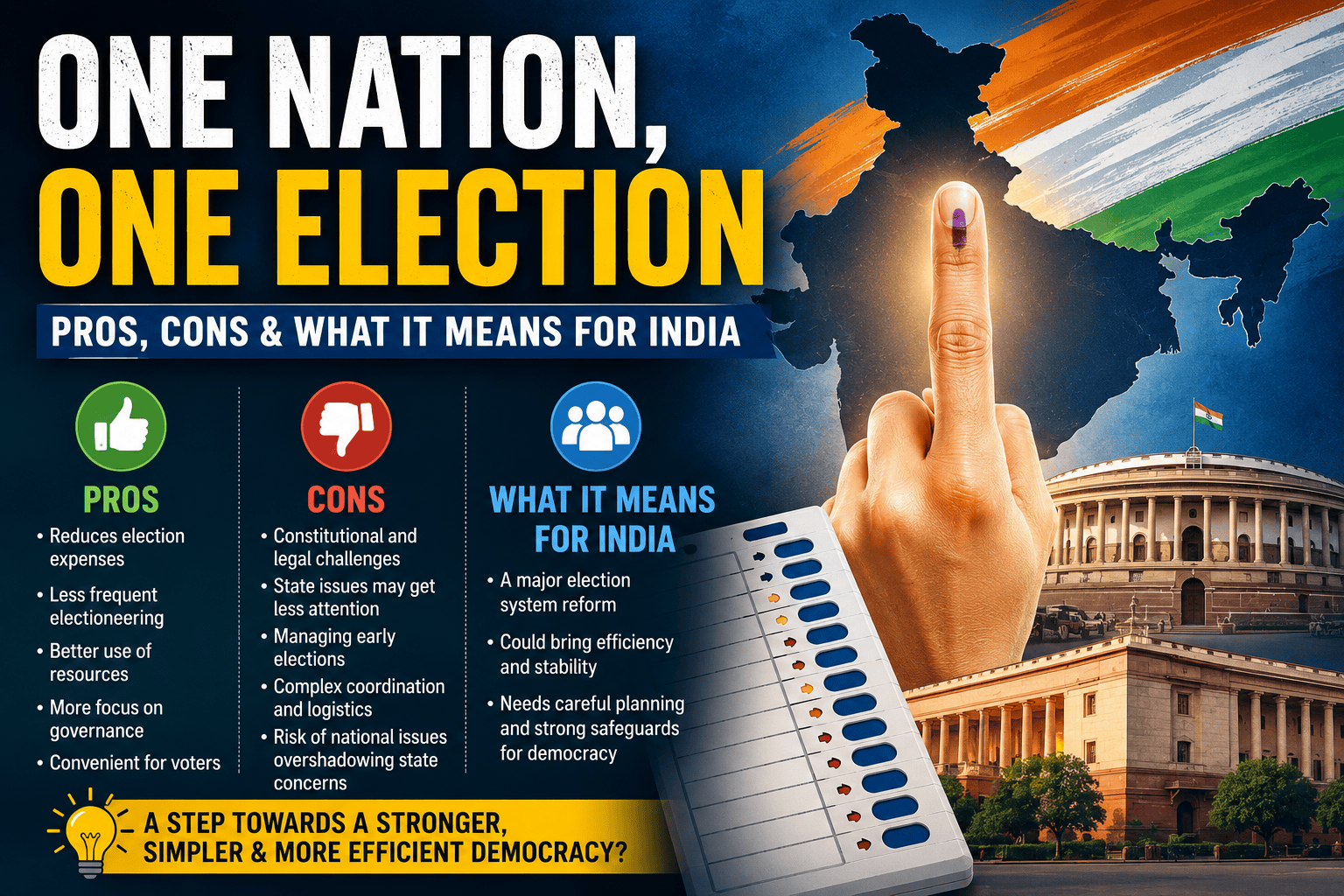 One Nation, One Election in India infographic showing the pros, cons, voting process, and potential impact on Indian elections.