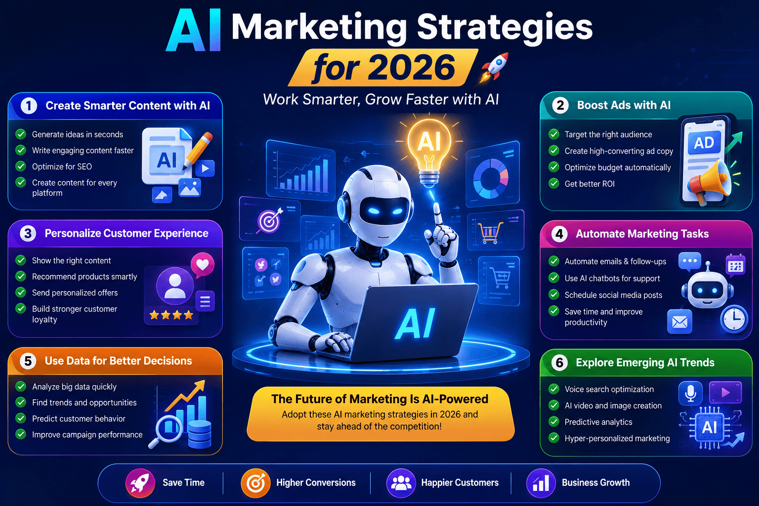 AI marketing strategies for 2026 showing artificial intelligence tools, digital marketing analytics, automation, SEO, social media, and data-driven campaign growth.
