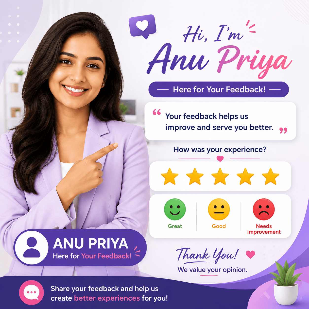 Anu Priya smiling and pointing toward a feedback panel with five stars, rating emojis, and a message inviting customers to share their feedback.