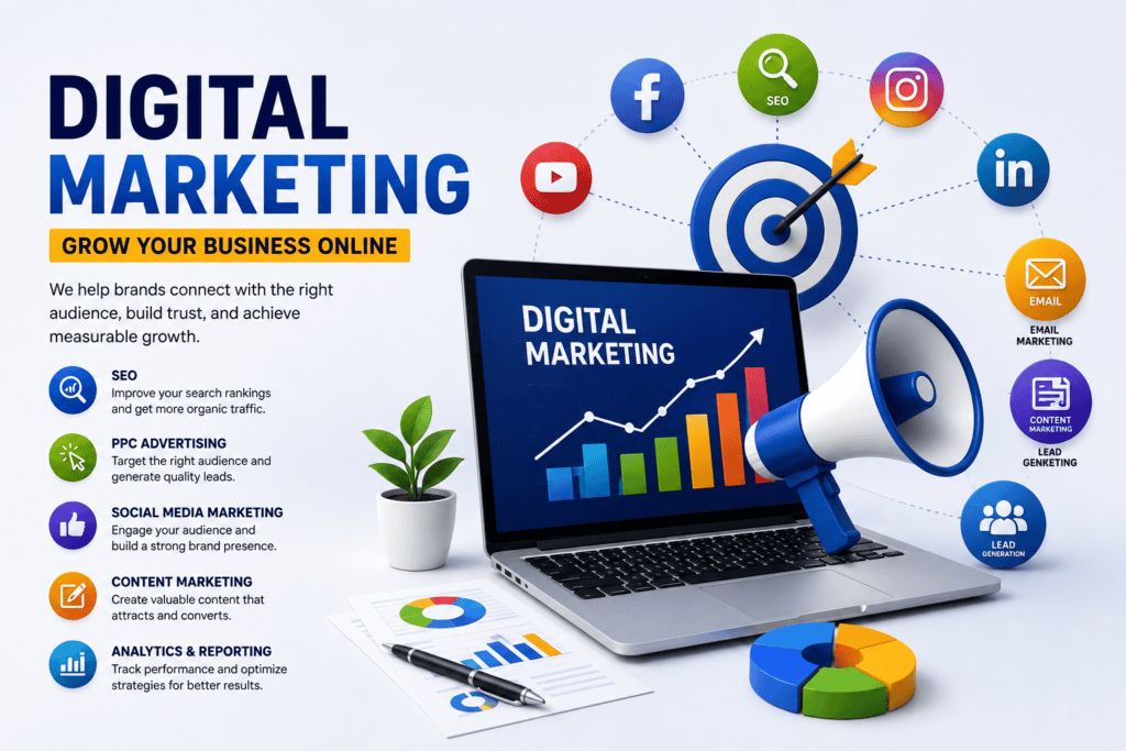 Digital marketing agency graphic featuring SEO, PPC advertising, social media marketing, content marketing, analytics, lead generation, and email marketing with a laptop, target, and business growth chart.