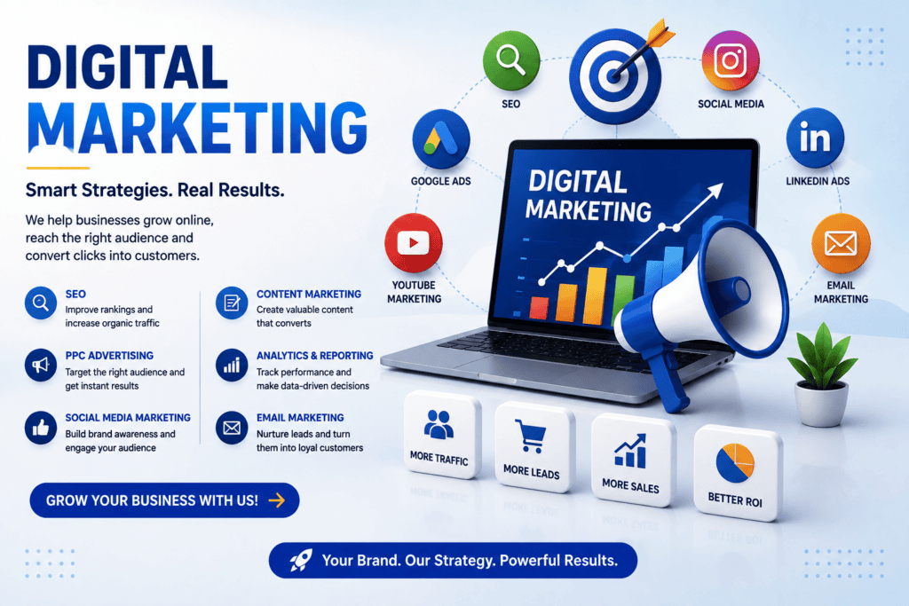 Digital marketing infographic featuring SEO, PPC advertising, social media marketing, content marketing, analytics, email marketing, Google Ads, YouTube, and LinkedIn Ads with a laptop, growth chart, target, and business results.