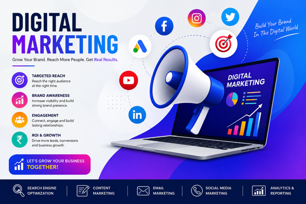 Attractive digital marketing infographic featuring a laptop and megaphone surrounded by social media and advertising icons. The graphic highlights targeted reach, brand awareness, engagement, ROI and growth, with services including SEO, content marketing, email marketing, social media marketing, and analytics.