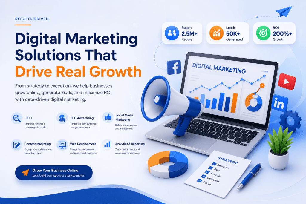 Digital marketing strategy illustration showing online marketing tools, social media, SEO, and digital growth concepts.